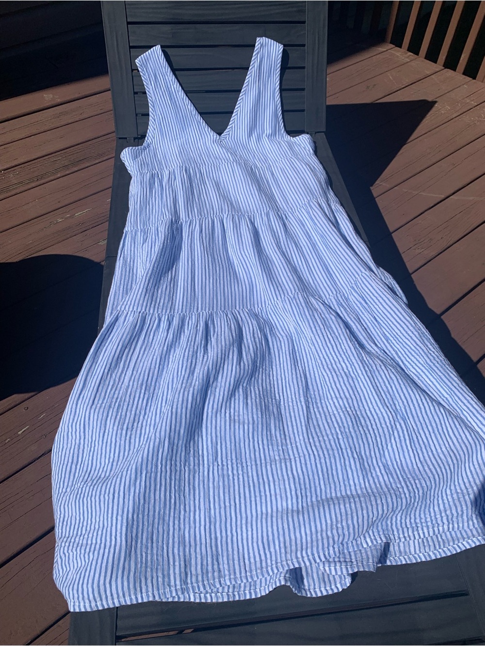 Quince Organic Cotton Blue and White Striped V-Neck Tiered Sundress